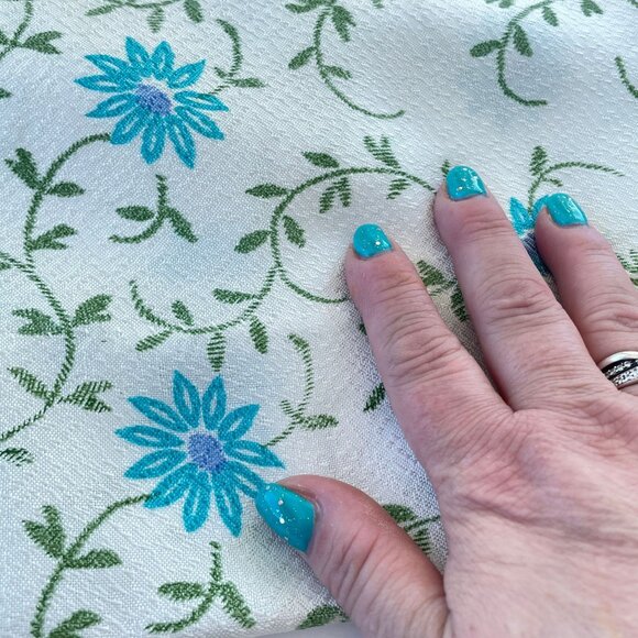 Vintage 60s floral pleated curtains, white and blue, Fiberglass, pair of panels - Picture 3 of 10